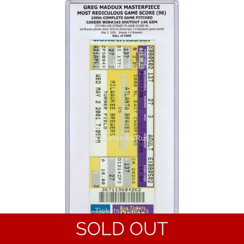 Greg Maddux 14K SHO MASTERPIECE 2001 Braves Brewers 5/2 Full Ticket MAD DOG HOF